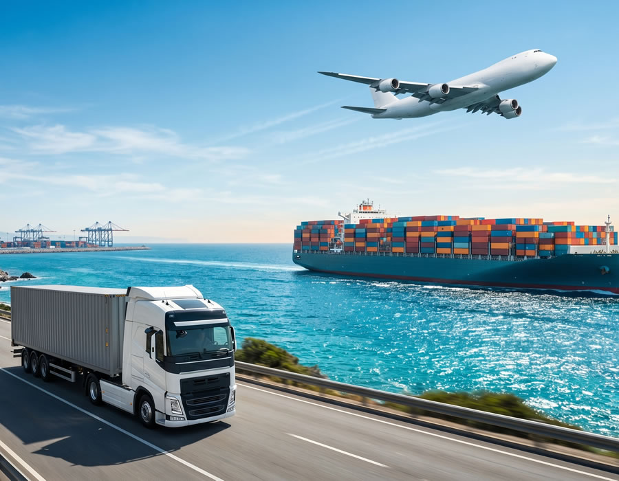 Air, sea, and road freight logistics composite — plane, cargo ship and truck